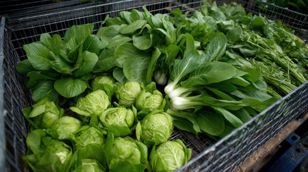 A vibrant collection of fresh green vegetables arranged in baskets, showcasing the beauty and abundance of organic farming, perfect for promoting healthy eating and cooking.の素材
