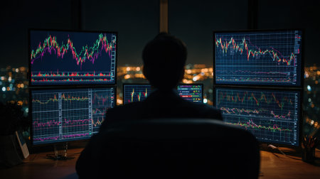 A business professional observes multiple screens displaying extensive financial data and market trends, set against a vibrant city skyline at night.の素材