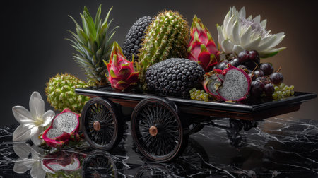 A vibrant display of tropical fruits elegantly arranged on a vintage cart against a dramatic background, offering a rich visual experience for culinary enthusiasts and food photographers.の素材