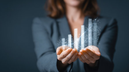 A businesswoman stands confidently with hands extended, showcasing a sparkling graph symbolizing growth and success in finance and professional endeavors against a dark backdrop.の素材