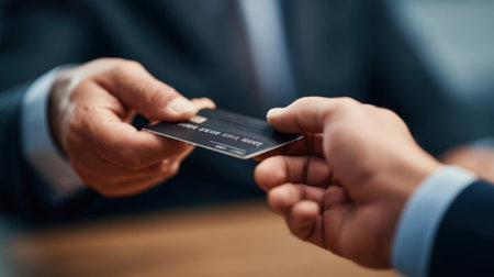 A close-up of two professionals exchanging a credit card, showcasing the importance of trust and communication in financial transactions within a business context.の素材