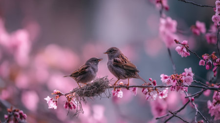 Two sparrows tenderly perched on a branch with cherry blossoms, showcasing the beauty of nature in spring. A captivating scene that evokes feelings of tranquility.の素材