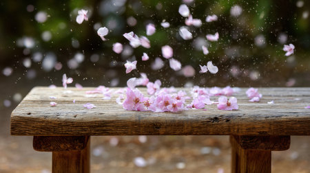 A charming scene featuring pink flower petals gently falling from the air onto a rustic wooden bench, creating a serene and peaceful atmosphere in a natural setting.の素材