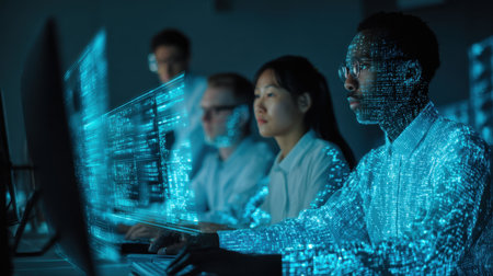 A group of professionals focuses on digital data in a modern office, with glowing information reflections illustrating a harmonious blend of technology and teamwork.の素材