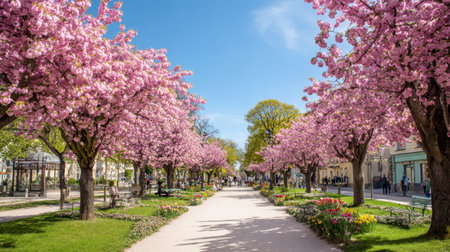A stunning view of a park pathway adorned with cherry blossoms and tulips, creating a picturesque atmosphere perfect for leisurely strolls and enjoying spring's beauty.の素材
