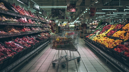 A shopping cart rests in the center of a grocery store aisle, surrounded by vibrant displays of fresh fruits and vegetables, showcasing a colorful and healthy shopping experience.の素材