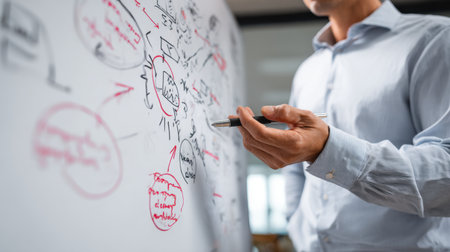 A business professional actively participates in a dynamic brainstorming session, illustrating ideas and strategies on a whiteboard in a modern office setting.の素材