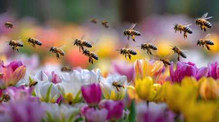 A stunning image of busy bees collecting nectar from vibrant tulips in a sunlit garden, showcasing the lively interaction between flowers and pollinators in springtime.の素材
