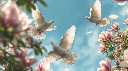 A stunning scene of white doves gracefully flying through the air, surrounded by vibrant pink blossoms and a bright blue sky, evoking feelings of peace and tranquility.の素材