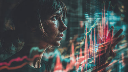 A focused woman observes dynamic data visualizations, representing the intersection of technology and finance, capturing insights for informed decision-making in the modern world.の素材