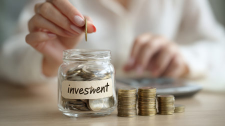 A close-up view of a hand gently placing a coin into a jar labeled investment, surrounded by organized stacks of coins, illustrating the essence of saving and financial planning.の素材