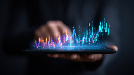 A close-up view of a person using a tablet to display vibrant data visualizations, showcasing graphs and charts that represent real-time analytics for business intelligence and decision-making.の素材