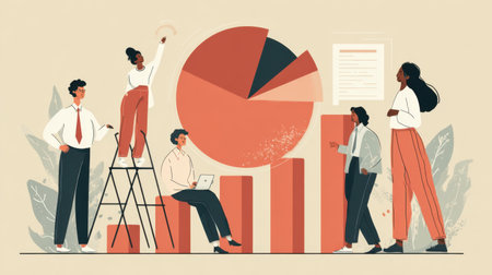 A dynamic business team engages in data analysis with pie charts and bar graphs in a modern office, showcasing teamwork, innovative strategies, and professional growth.の素材
