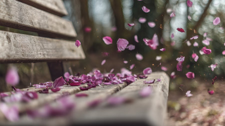 A picturesque park bench adorned with purple flower petals gently falling, creating a calm and serene atmosphere perfect for reflection and relaxation in nature.の素材