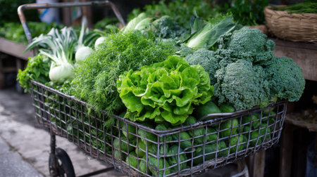 A vibrant display of fresh green vegetables fills a shopping cart, showcasing the essence of organic produce in a lively market setting, perfect for promoting healthy eating.の素材