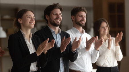 A group of business professionals stands together, clapping and smiling during a corporate event, showcasing teamwork and positive engagement in a contemporary office atmosphere.の素材