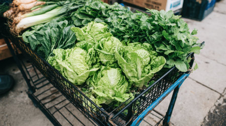 A vibrant display of fresh green lettuce and assorted herbs in a rustic basket at a local market. Perfect image for promoting healthy eating and farm-to-table lifestyles.の素材