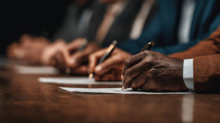 A close-up view of hands signing a significant document during a professional meeting, showcasing diversity and collaboration among engaged individuals in a modern office environment.の素材