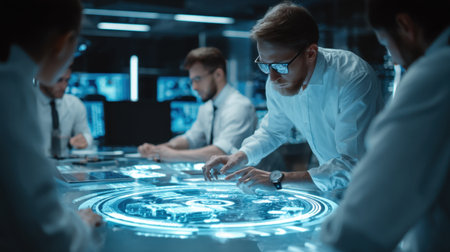 A dynamic scene of professionals collaborating over advanced technology, utilizing a transparent screen for data analysis in a modern office setting, highlighting teamwork and innovation.の素材