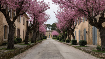 A tranquil pathway flanked by blooming cherry blossom trees creates a picturesque scene in a charming European village, embodying the beauty of springtime.の素材
