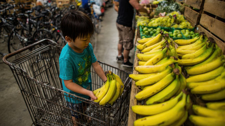 A joyful child examines ripe bananas while shopping in a bustling grocery store, surrounded by fresh produce and a lively market scene, emphasizing childhood exploration and community.の素材
