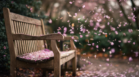 A peaceful wooden bench adorned with pink petals, set in a tranquil park landscape, evokes serenity and showcases natureの素材