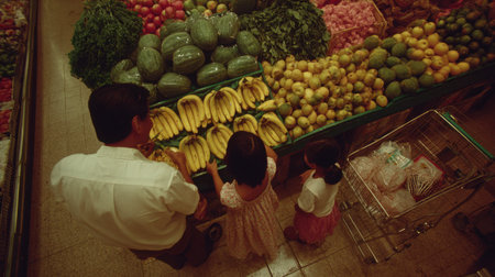 A father and his daughters engage in grocery shopping, surrounded by an array of colorful fruits and vegetables, promoting healthy eating and family bonding in a community market.の素材