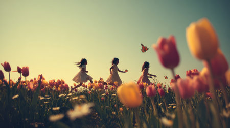 Three joyful children run freely through a vibrant meadow filled with colorful tulips, embracing the beauty of nature and the essence of childhood adventure.の素材
