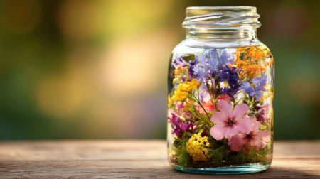 A charming glass jar filled with a vibrant assortment of flowers and greenery, perfect for capturing the essence of natureの素材