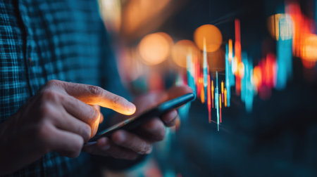 A business professional engages with a smartphone, analyzing financial data and stock market trends through colorful charts. A vibrant background enhances the modern professional setting.の素材