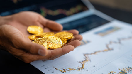 A pair of hands holds shiny golden coins above detailed financial charts, representing the concepts of wealth and investment in a vibrant market landscape.の素材