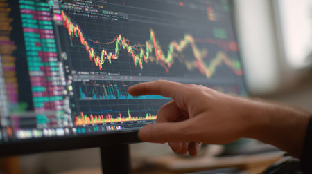 A business professional analyzes stock market data on a desktop monitor, showcasing financial graphs and charts, reflecting market trends and economic performance in a modern office setting.の素材