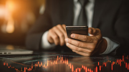 A businessman engages with a smartphone to analyze financial data, showcasing a stock market graph overlay in a modern office setting, emphasizing technology's role in finance.の素材