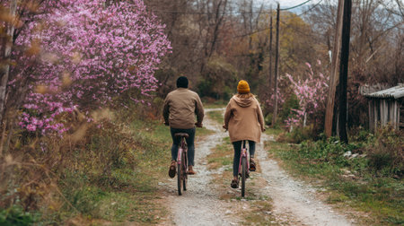 Two cyclists enjoy a peaceful ride along a dirt path surrounded by blossoming trees, capturing the essence of spring and the joy of nature during an outdoor adventure.の素材