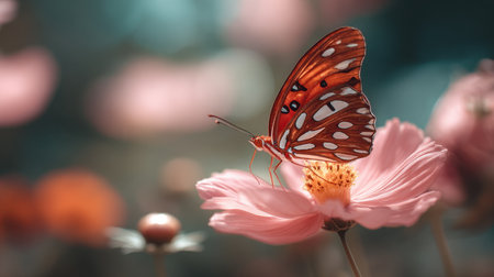 A captivating image of an orange butterfly resting on a pink flower, highlighting the intricate details of nature and the serene beauty of the garden setting.の素材