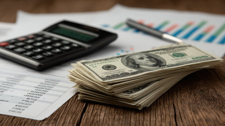 A close-up view featuring stacks of US dollar bills alongside financial documents and a calculator, highlighting themes of budgeting, investment planning, and effective wealth management in business.の素材