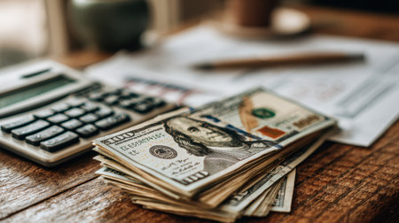 A stunning close-up of U.S. dollar bills stacked on a textured wooden table, accompanied by a calculator and financial papers, evoking themes of business and money management.の素材