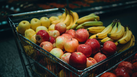 A vibrant shopping cart filled with an assortment of fresh apples and bananas showcases the appeal of healthy eating options in a grocery environment.の素材