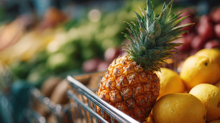 A vivid pineapple sits prominently in a grocery cart filled with assorted fresh fruits, highlighting the vibrant colors and natural appeal of healthy eating choices.の素材