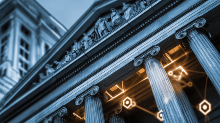 A striking architectural image highlighting classical columns and intricate details, enhanced by modern lighting that creates a captivating contrast between tradition and innovation.の素材