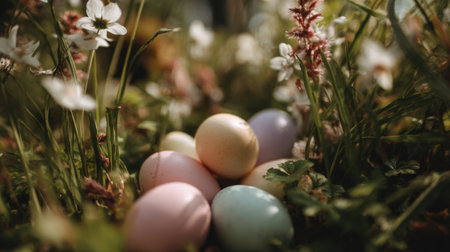 Beautifully arranged pastel Easter eggs surrounded by delicate flowers and greenery, perfect for celebrating spring and the joy of the season in a serene garden setting.の素材