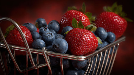 A stunning close-up of fresh strawberries and blueberries arranged in a metal basket, showcasing vibrant colors and textures, perfect for food-related projects and healthy lifestyle promotion.の素材