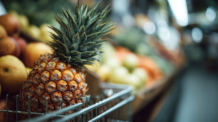 A fresh pineapple sits in a shopping basket at a market stall, showcasing vibrant colors and textures alongside various fruits. Ideal for nutrition and healthy lifestyle themes.の素材