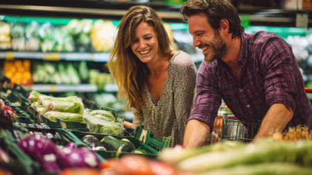 A cheerful couple engages in a grocery shopping experience, selecting fresh vegetables together in a well-stocked store, promoting wellness and healthy living.の素材