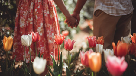 A couple enjoys a loving moment in a picturesque garden filled with vibrant tulips, symbolizing romance and beauty in nature during the enchanting spring season.の素材