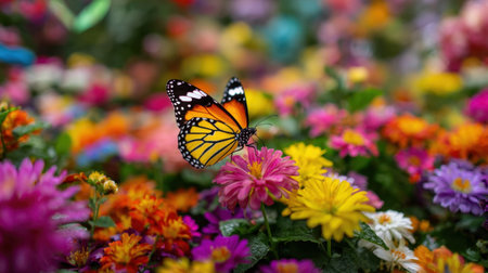 A stunning monarch butterfly perched on a vibrant flower amidst a colorful array of blossoms, capturing the essence of nature's beauty in a serene garden setting.の素材