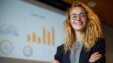 A confident businesswoman stands in front of analytical charts, smiling while embodying professionalism and success in a modern workplace setting. Ideal for themes of achievement and teamwork.の素材