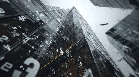 This image captures a striking urban scene with reflective glass skyscrapers and a cascade of numerical data, symbolizing the intersection of technology and finance in modern cities.の素材