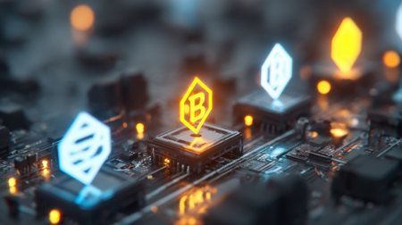 Glowing cryptocurrency symbols on a microchip highlight the intersection of finance and technology. This modern digital image showcases innovation in the digital currency landscape.の素材