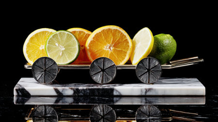 Unique presentation of fresh citrus fruits arranged on a stylish silver cart with a marble base, perfect for culinary inspirations and eye-catching food photography.の素材